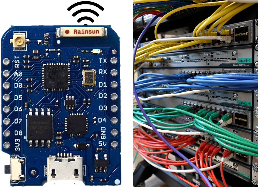 Foto mit Serververnetzung neben einer Leiterplatte